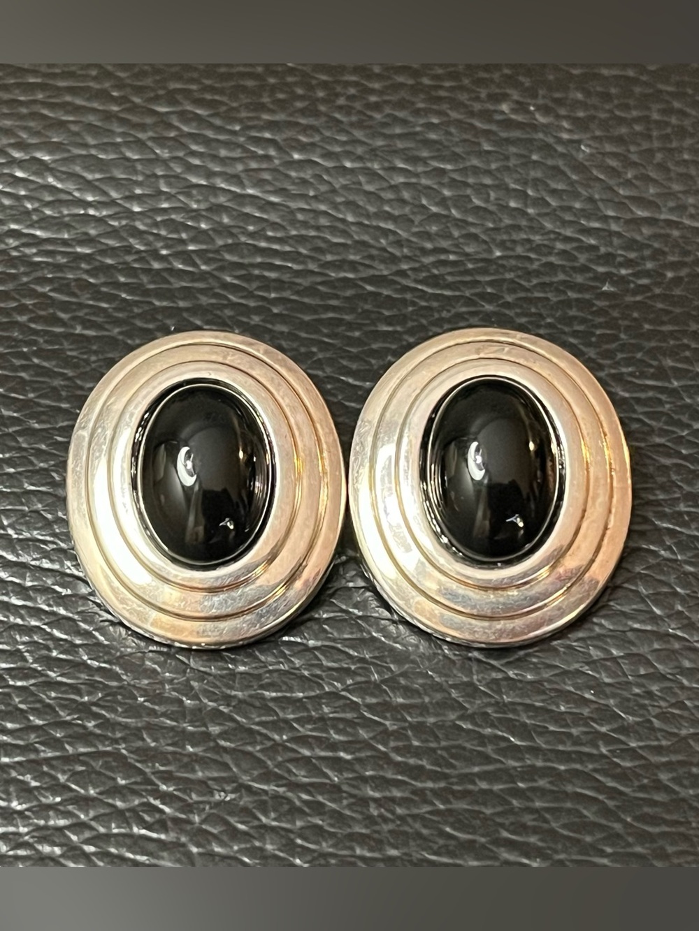 Vintage Chirstian Dior Silver-Tone Black Cabochon Oval Clip Earrings